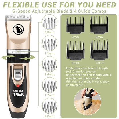 Ceenwes Dog Clippers Low Noise Pet Clippers Rechargeable Trimmer Cordless Grooming Tool Professional Dog Hair Trimmer with Comb Guides Scissors for Dogs Cats & Others（Gold）