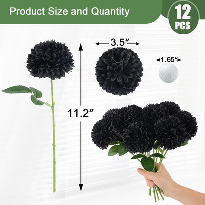 Hananona 12 Pcs Artificial Chrysanthemums Flowers Ball Flower, Fake Mums Flowers Black Silk Plants for Ghothic Home Decor Indoor Floral Arrangement Halloween Table Centerpiece (12, Black)