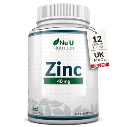 Zinc Tablets 40mg - 365 Vegan Tablets - 1 Year Supply - 1 a Day - Easy to Swallow Zink Gluconate - Supplement for Men & Women - Made in The UK - Nu U Nutrition