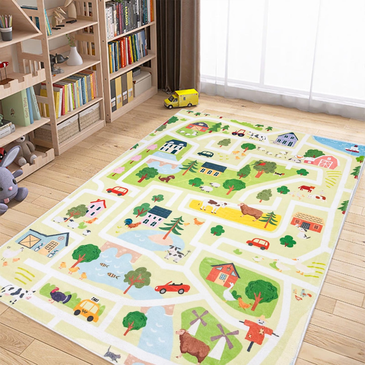 Lacomfy Kids Rug 4x6 Large Farm Animal Area Rug Traffic Road Children Play Mat for Playroom Nonslip Toy Cars Mat Farm Animals Zoo Road Kids Rug for Classroom Bedroom, Green