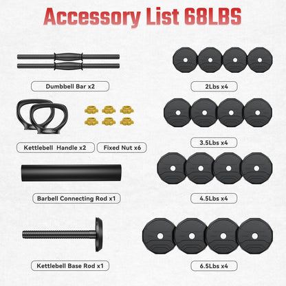 FEIERDUN Adjustable Dumbbells, 68lbs Free Weight Set with 4 Modes, Used as Barbell, Kettlebells, Push up Stand, Fitness Exercises for Home Gym Suitable Men/Women