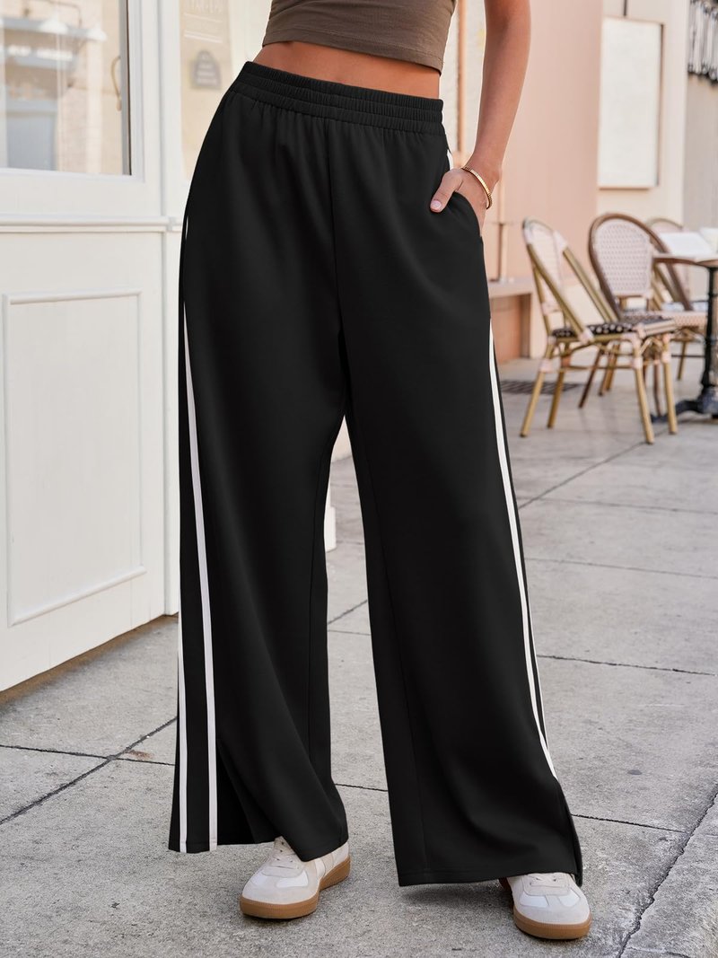 Fisoew Womens Wide Leg Pants Casual Baggy Elastic Waist Side Slit Contrast Stitch Loose Workout Sweat Pants with Pockets Black