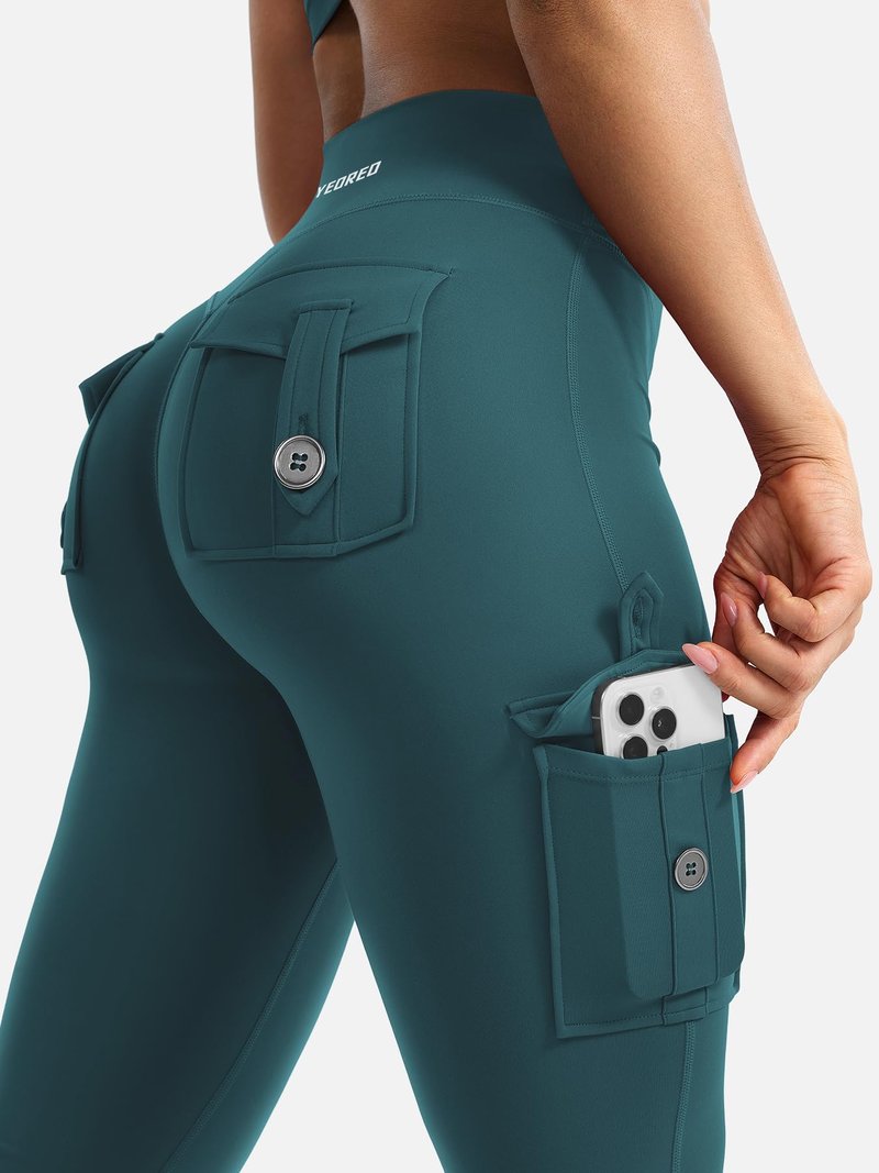 YEOREO CoreFlex Women Workout Flare Leggings with Pockets Hidden Scrunch High Waisted Cargo Gym Yoga Leggings Mediterranea L