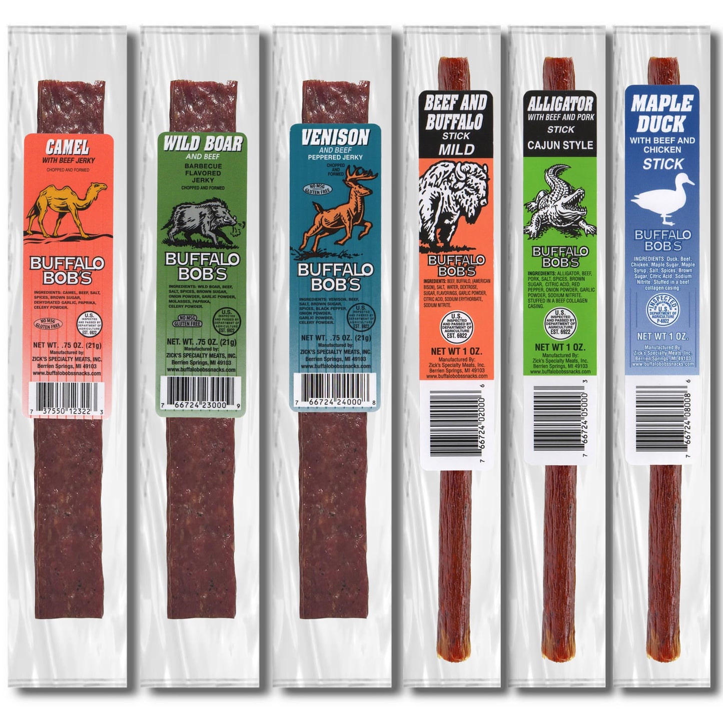 Buffalo Bob's Wild Game Meat Snacks (6 Pack) | Exotic Snack Sampler Box | Gift Baskets for Men | Beef Jerky Gifts | Dad Snack | Random Gifts for Men | Jerky Gift Set | Random Pack