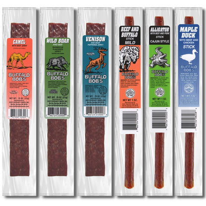 Buffalo Bob's Wild Game Meat Snacks (6 Pack) | Exotic Snack Sampler Box | Gift Baskets for Men | Beef Jerky Gifts | Dad Snack | Random Gifts for Men | Jerky Gift Set | Random Pack