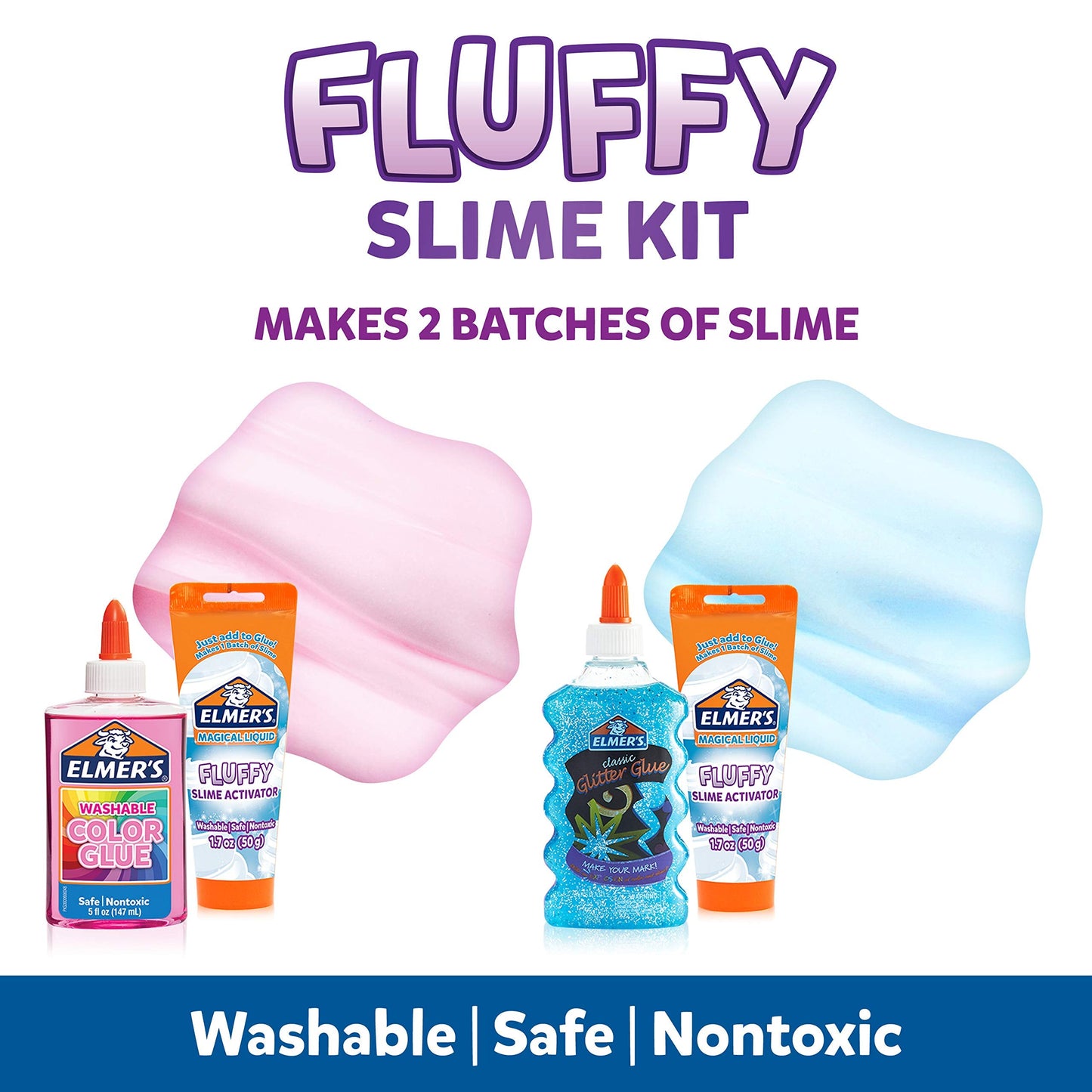 Elmer’s Fluffy Slime Kit, Includes Translucent Color Glue, Glitter Glue, Fluffy Slime Activator, 4 Count - Perfect for Parties, Gift, Activity Time