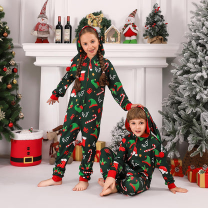 ANGELGGH Family Matching Christmas Onesie Pajamas, Vacation Cute Printed One Piece Pajamas, Xmas Hooded Holiday Sleepwear (Green Elf Hat, 8-10)