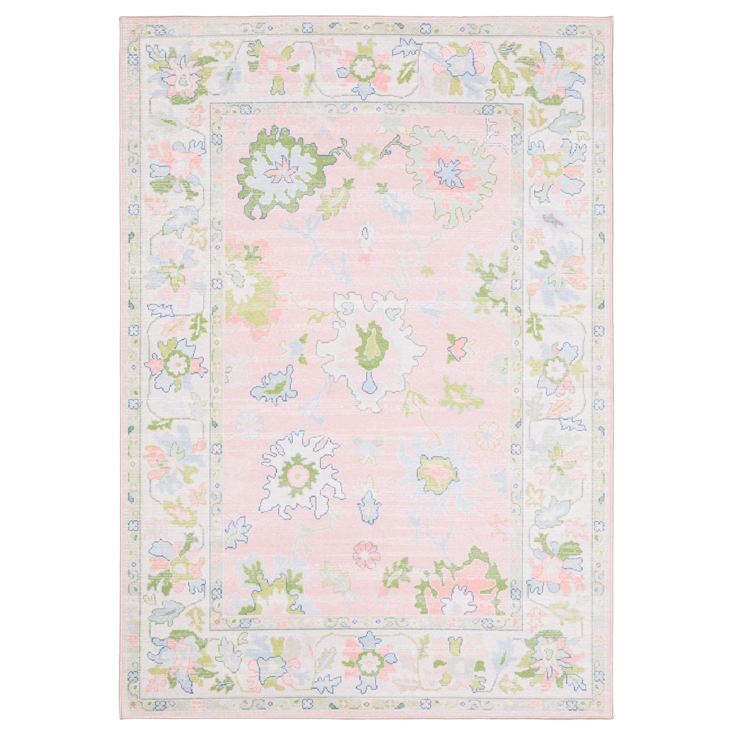 Oriental Weavers Addison ADD04 Machine Washable Flat Weave Printed Area Rug 5' x 7' in Pink/Green Traditional Style, Nursery, Kids Room, Bedroom, Entryway