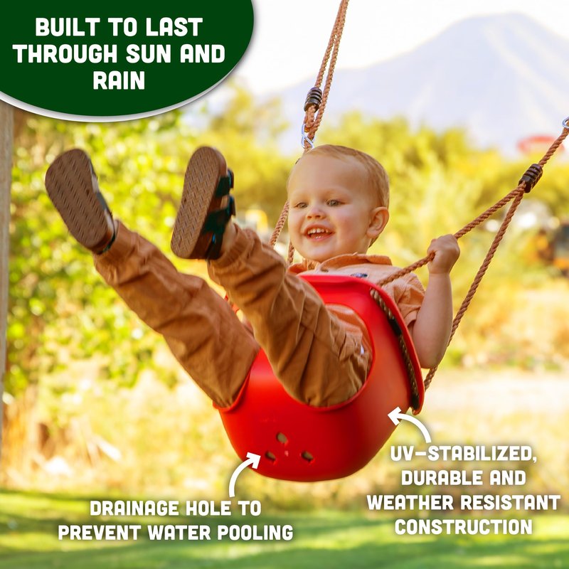 Acorn Adventures Toddler Swing Seat – Baby Bucket Swing for Outdoor Backyard & Porch, Adjustable Ropes, Easy Install, Weather-Resistant HDPE - Red
