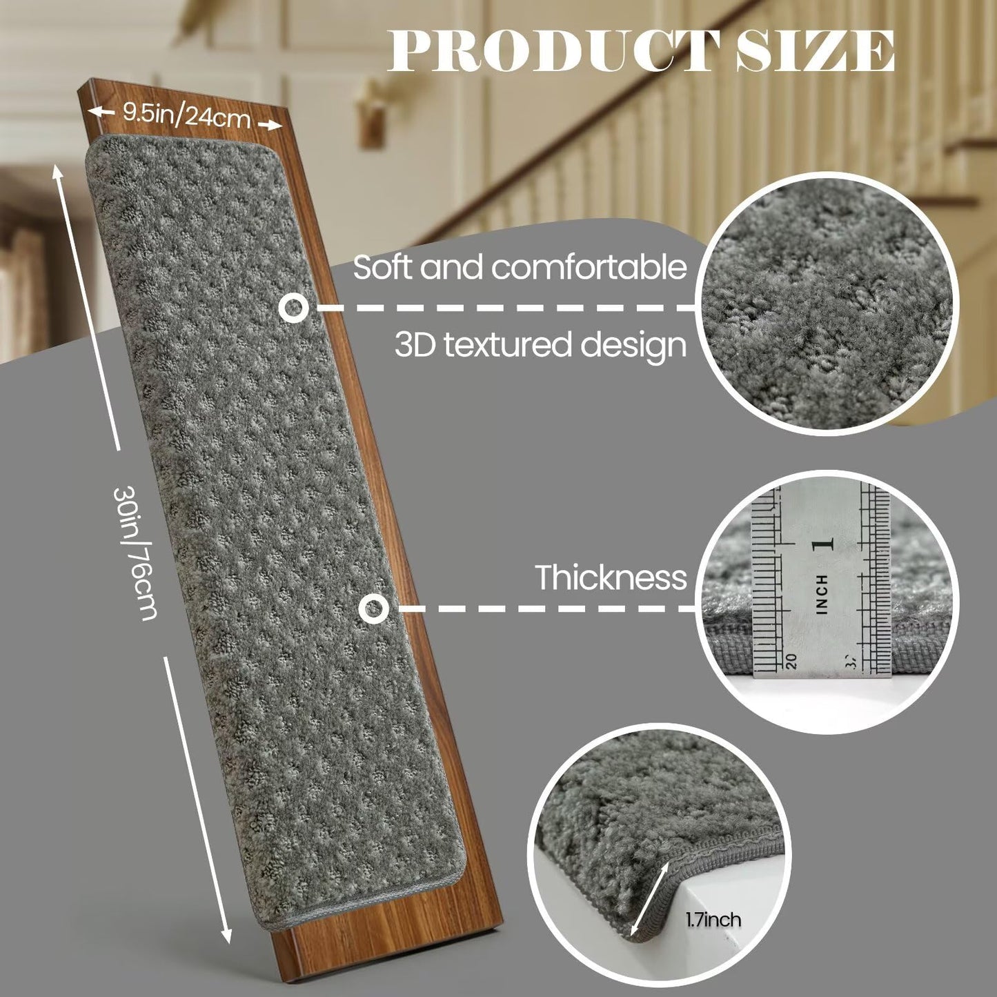 DEXDE Bullnose Carpet Stair Treads Non Slip for Wooden Steps Indoor, 30" x 9.5" x 1.7" (14 Pack) Grey - Peel and Stick Stair Runner Rugs with Edge Protection, Washable & Reusable Pet Friendly Mats