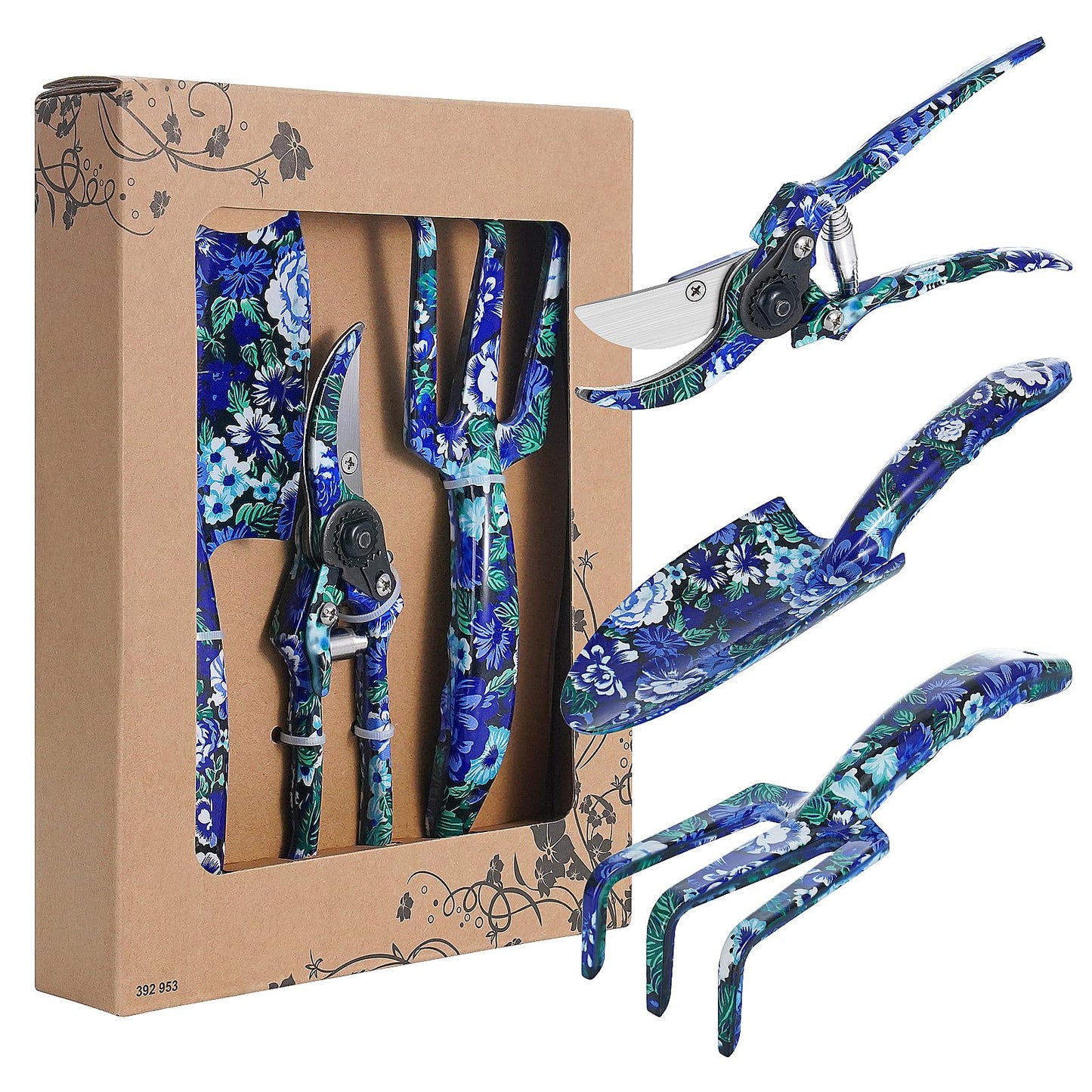 FLORA GUARD 3 Piece Aluminum Garden Tool Set with Blue Print - Trowel, Cultivator, Pruning Shear, Set for Gardening Needs (Blue)