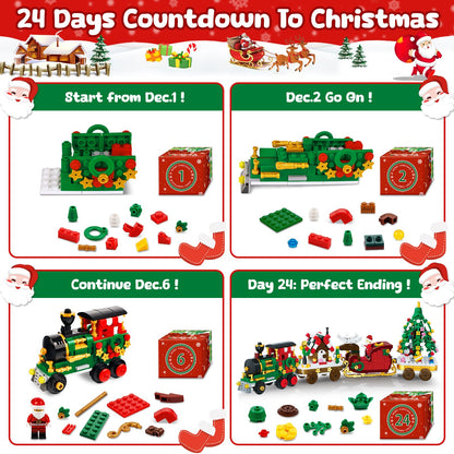 Advent Calendar 2025 Christmas Train Building Blocks Set, 24 Boxs Surprise Christmas Countdown Toy Building Kits With LED Light,Thanksgiving Xmas Gifts for Kids Adults
