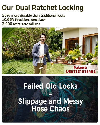 GLAHODEN Retractable Garden Hose Reel 1/2 in x 130 ft, 2025 Upgraded Dual Ratchet Lock UV & Freeze Protection Brass Seal Slow Retraction Anti-Tangle Hose 180°Swivel Reinforced Scaffold Wall Mount
