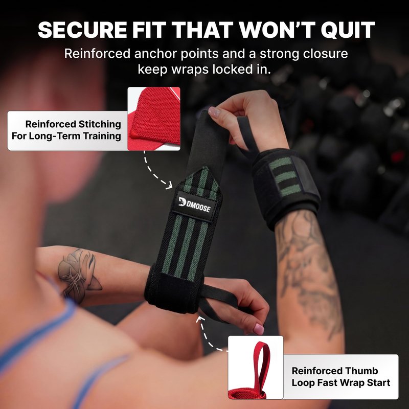 DMoose Fitness Wrist Wraps (IPL Approved) Avoid Injury & Maximize Grip with Thumb Loop, 18" or 12" Gym Wrist Wraps Pair, Wrist Wraps for Weightlifting Men, Wrist Brace for Working Out & Wrist Support