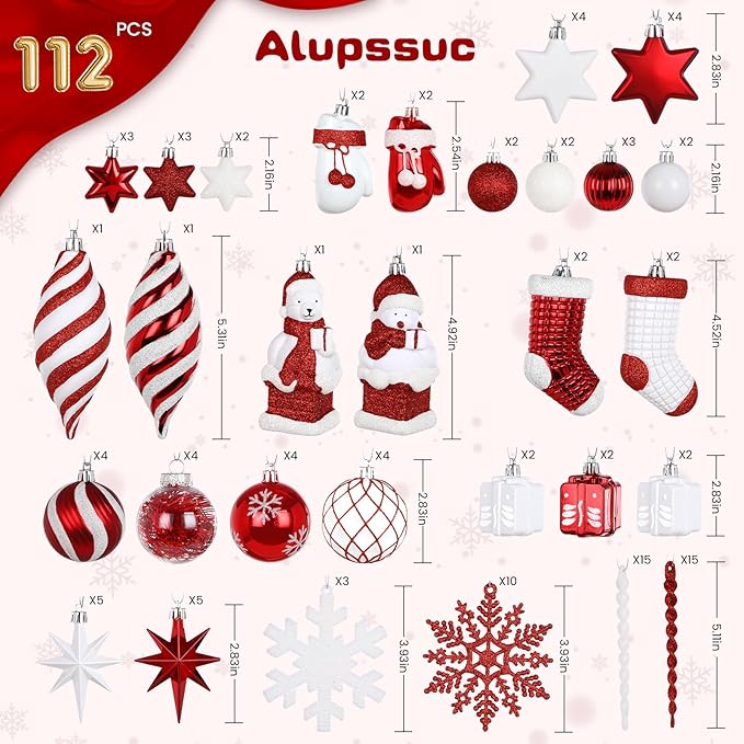 Alupssuc 112pcs Christmas Balls Ornaments Set, Shatterproof Plastic Baubles Christmas Penguin, Polar Bear for Xmas Tree Holiday Wedding Party Decorations with Hanging Strings, Red and White