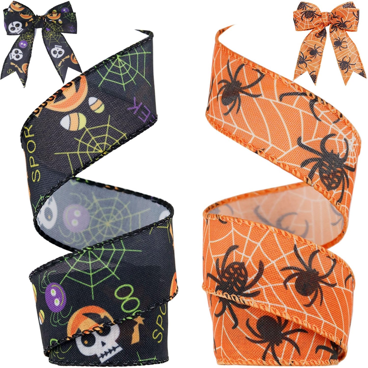 2 Rolls 12 Yards Wired Edge Ribbon - Skull Pumpkin Halloween Decorative Spider Web Printed Wrapping Ribbon for Party Wreath DIY Craft Floral Bow