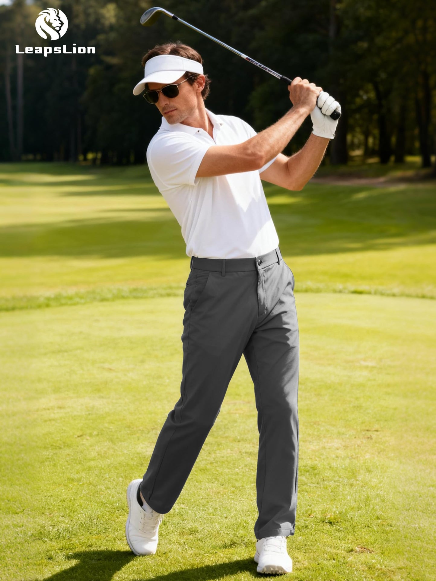 LeapsLion Men's Golf Pants Lightweight Work Dress Pants 32" Stretch Water Resistant Breathable Quick Dry Comfy Business Casual Pants for Men Dark Grey 36W x 32L