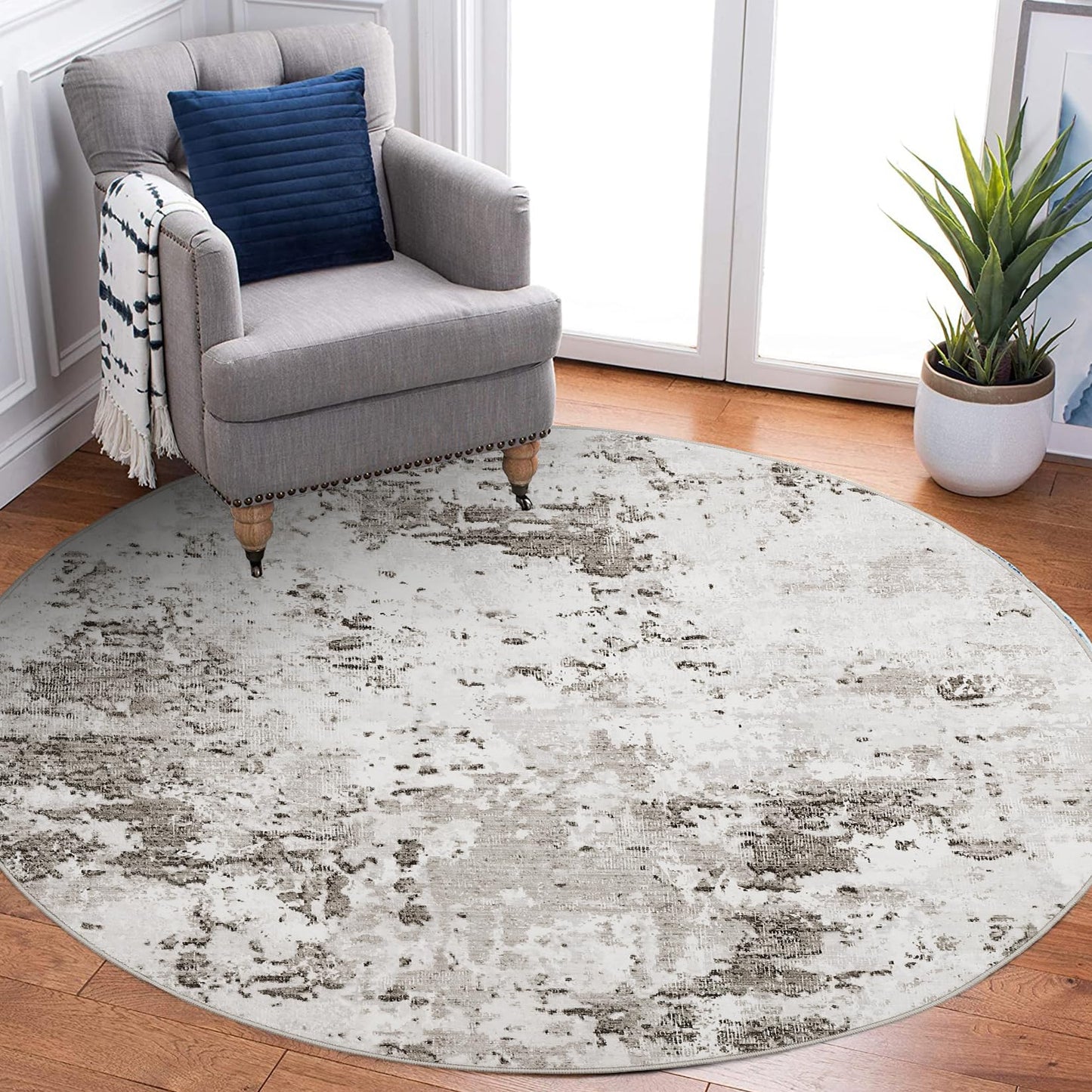 ROYHOME Modern Abstract 6x6 Round Area Rug Non Slip Non Shedding Rug Low Pile Stain Resistant for Bedroom Living Room Office Dining Room,Taupe/Beige