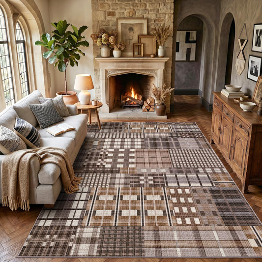 Rezutan Area Rugs 8x10 Washable Non-Slip, Modern Abstract Distress Carpet for Living Room Bedroom Dining Room, Coffee Caramel Brown Grey Chocolate Neutral Soft Carpet Low Pile Foldable Thin Rugs