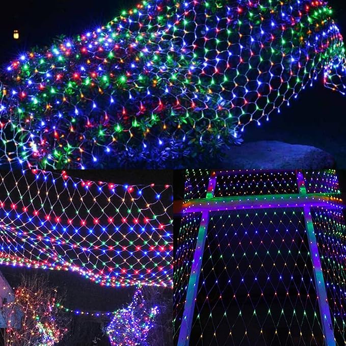 WATERGLIDE Outdoor Christmas Net Lights, 12FT x 5FT 360 LED Mesh String Light with 8 Lighting Modes, Connectable Light for Garden Tree Bushes, Holiday Wedding Party Decorations, Multicolor