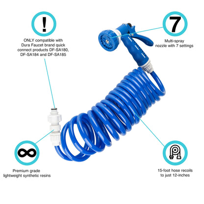 Dura Faucet DF-SA187-WT RV Exterior Quick Connect Sprayer with 7 Spray Settings and Coiled Hose Kit (Blue)