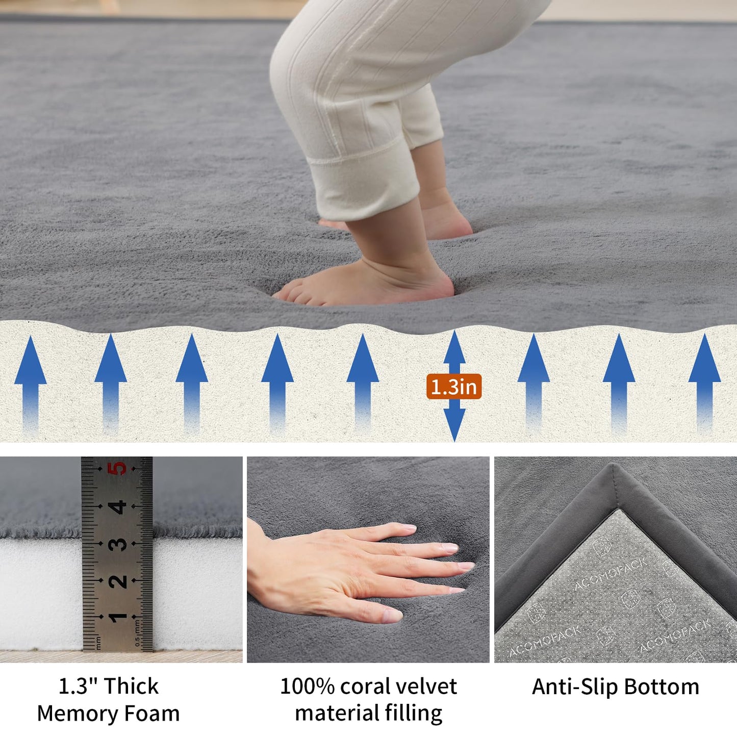 ACOMOPACK Baby Play Mat for Floor,1.3" Thick Memory Foam Area Rug for Living Room,Soft Velvet Crawling with Non-Slip Bottom for Kid,Toddler,79"×118" Tummy Time Nursery Rugs,Yoga（Dark Grey）