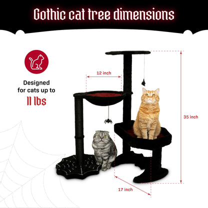 Littlesy Gothic Cat Tree with Coffin Cat Bed, Hammock, Spider & Bat Goth Cat Toys - 35 Inch Tall Coffin Cat Tree for Gothic Lovers with Luxurious Bed Experience Black and Red
