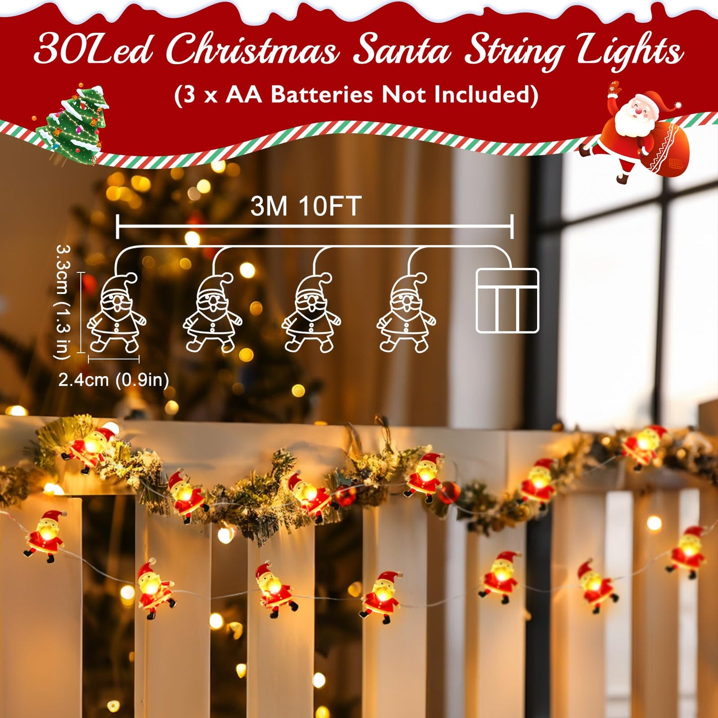 Coquimbo Christmas Decorations Indoor Lights, 10FT 30 LED Christmas Santa Claus Fairy String Lights Battery Operated for Xmas Tree Party Festive Holiday Christmas Gifts Cute Room Decor