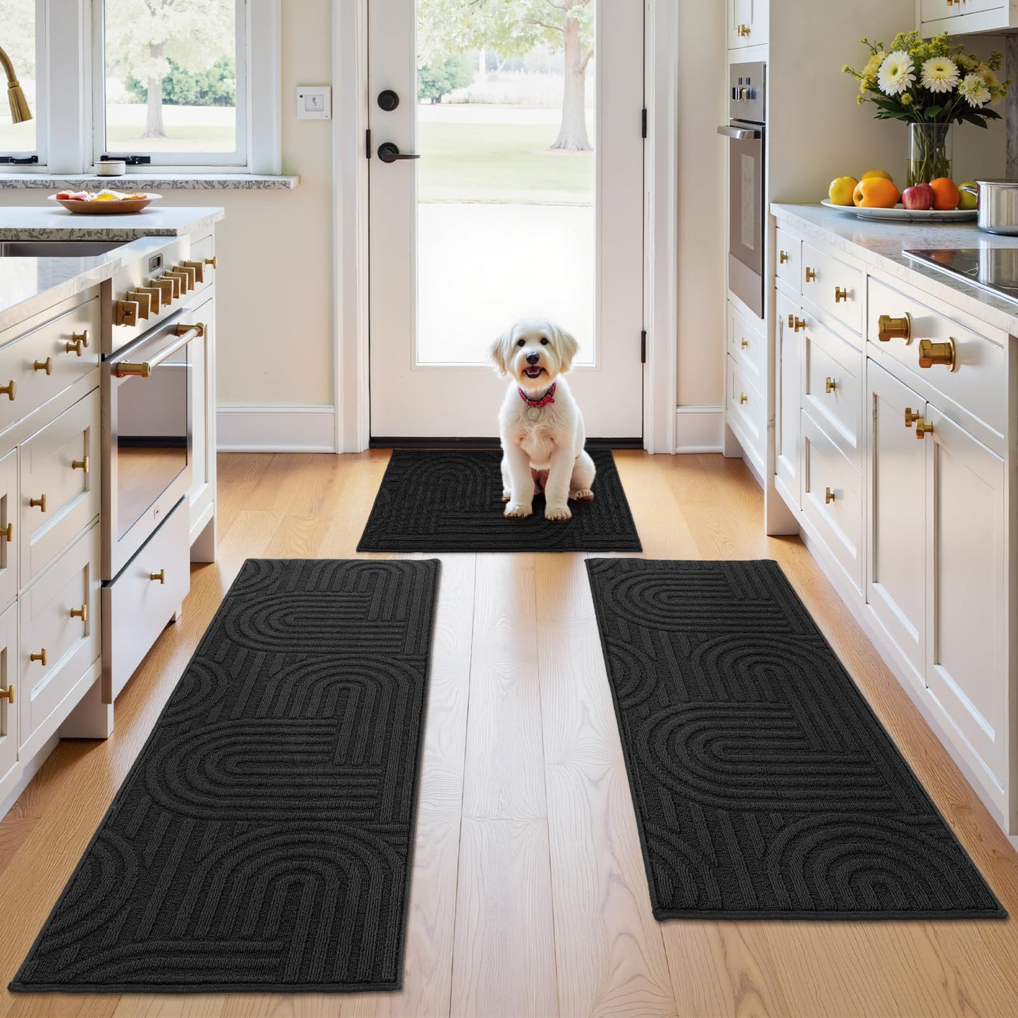 U'Artlines Kitchen Rugs and Mats Set of 3, Non Skid Washable Black Geometric Kitchen Mats for Floor, Absorbent and Stain Resistant Floor Mat for Laundry, Sink Decor 20x32+20x48+20x59