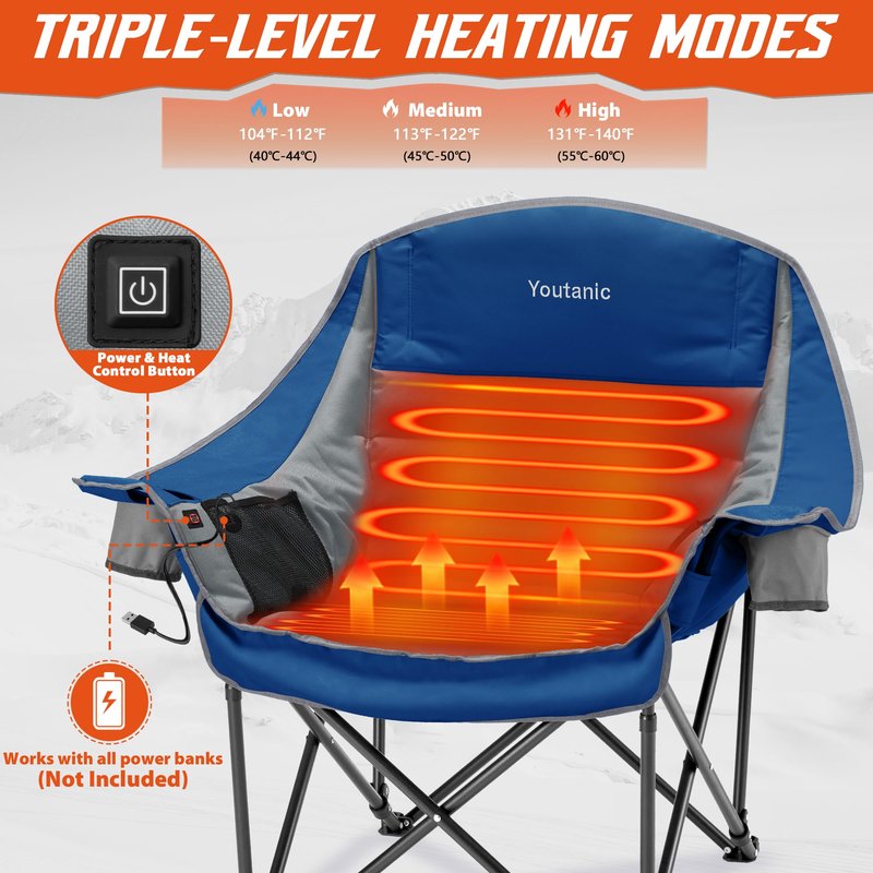 Youtanic Oversized Extra Large Heated Padded Camping Chair up to 500lbs, 3 Heat Levels Camp Chair with Carry Bag, Outdoor Heating Folding Chairs for Adults, Fishing, Sports, Picnic, Gray-Blue