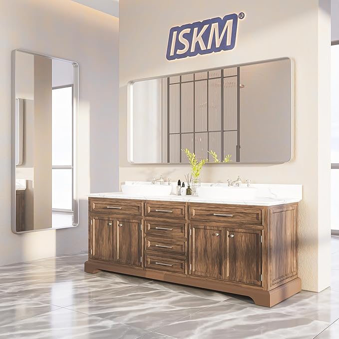 ISKM Brushed Silver Bathroom Mirror, 55 x 30 Inch Rounded Rectangle Silver Metal Frame Mirror for Wall Modern Vanity Mirror (Horizontal/Vertical)