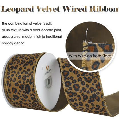 HUIHUANG Leopard Print Velvet Wired Ribbon 2.5 inch Animal Print Brown Velvet Ribbon for Christmas Tree, Bows Making, Wreaths, Garland, Crafting, Fall Decor-Continuous 10 Yards