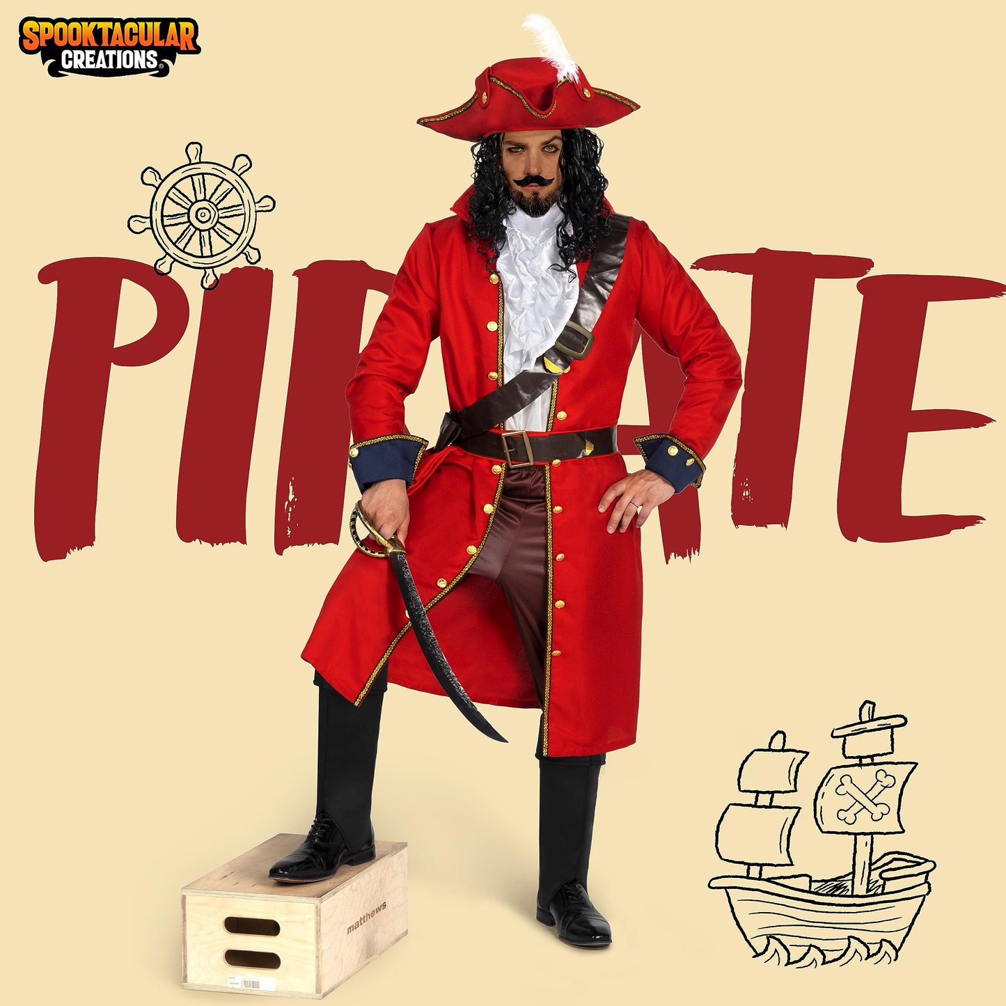 Spooktacular Creations Mens Pirate Captain Costume Set, Red Deluxe Captain Outfit for Adult Halloween Dress Up Party Cosplay (XX-Large)