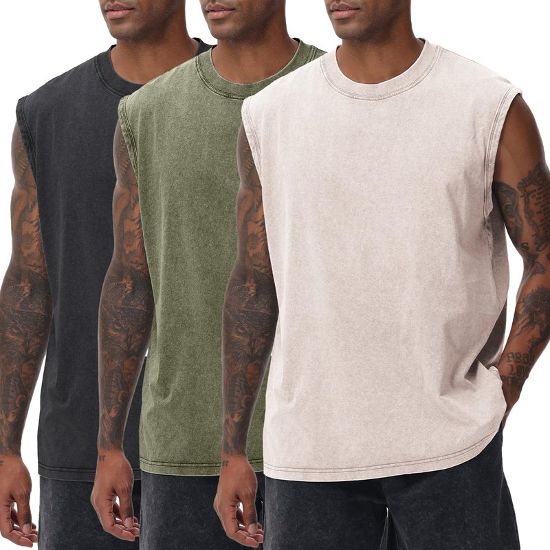 SnowElve 3 Pack Mens Workout Tank Tops Sleeveless Tee Shirts Men Muscle Shirt Gym Acid Wash T Shirts Running Beach Loose Fit Tee(BKAGAC,2XL)