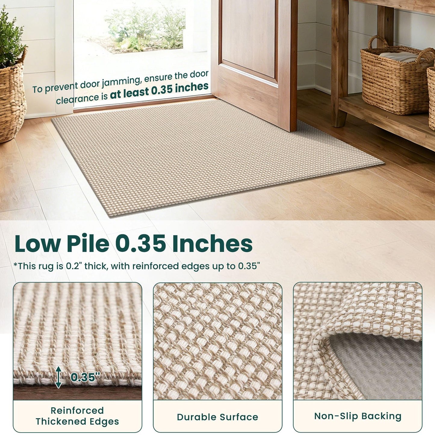 KOZYFLY Washable 4x5 Entry Woven Area Rug, Braided Throw Rugs for Entryway, Non Slip Door Mat Indoor Entrance, Flatweave Carpet for Foyer, Bedroom, Dining, Office, Ivory/Camel/Brown
