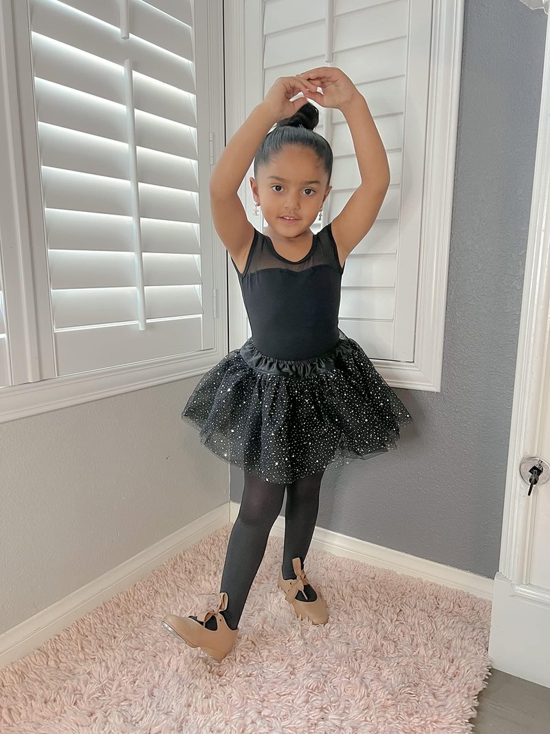 Stelle Black Leotards for Girls Ballet Dance Leotard Mesh Short Sleeve Gymnastics Outfits(Black,90)