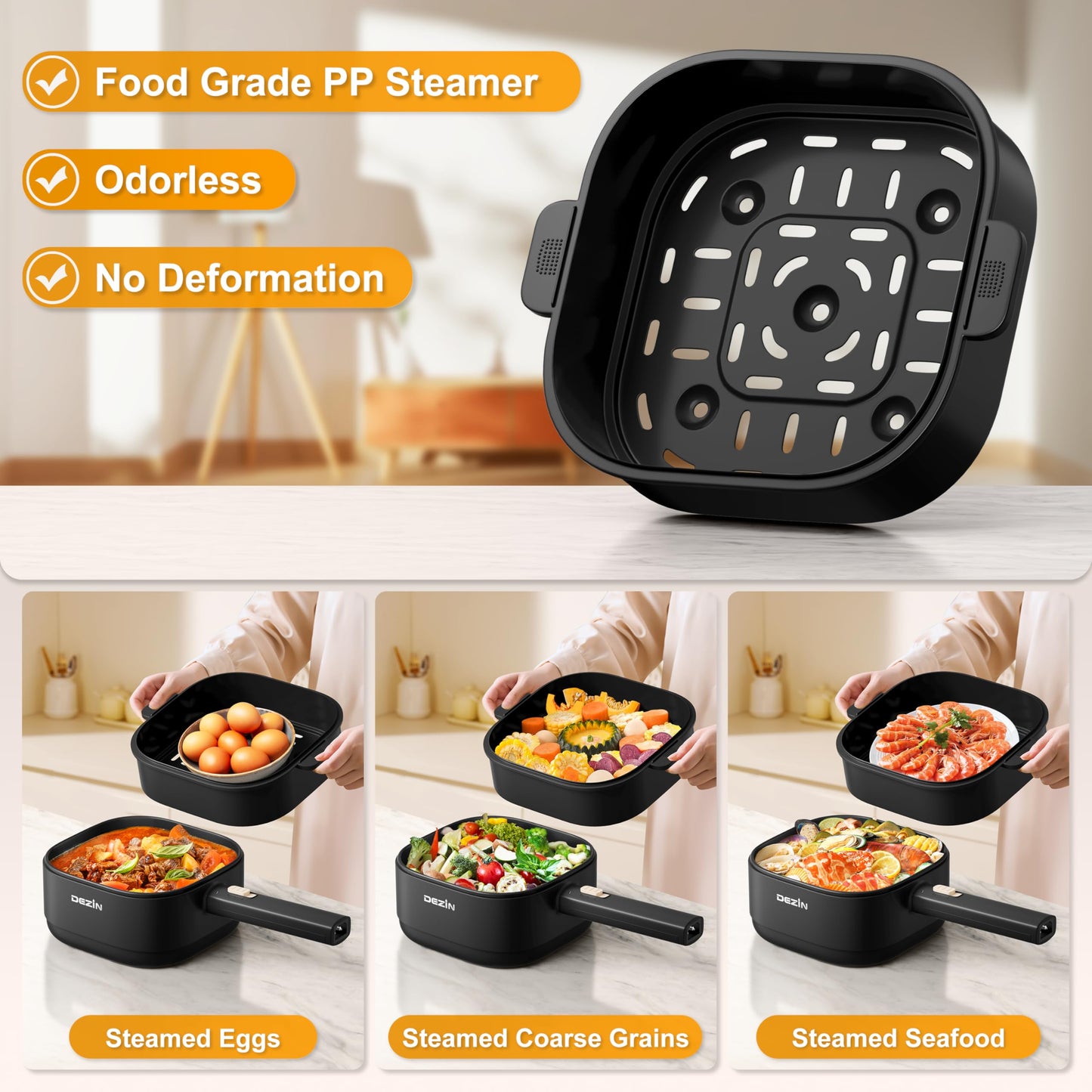 Dezin 2L Electric Hot Pot with Steamer, Rapid 800W Non-Stick Ceramic Coating Dorm Cooking Pot, Plug in Electric Pan Cooker with Adjustable Power for College Hotel Office(Silicone Spatula Included)