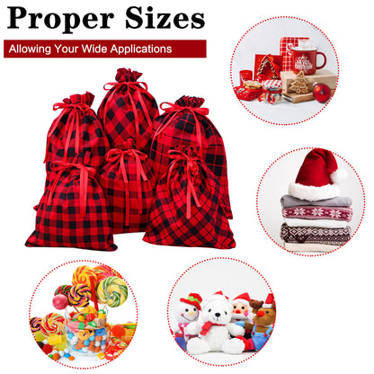 Aneco 6 Pack Buffalo Plaid Drawstring Christmas Gift Bags Christmas Sack for Gifts Cotton Cloth Red and Black Plaid Xmas Fabric Bags Assorted Sizes for Party Favor