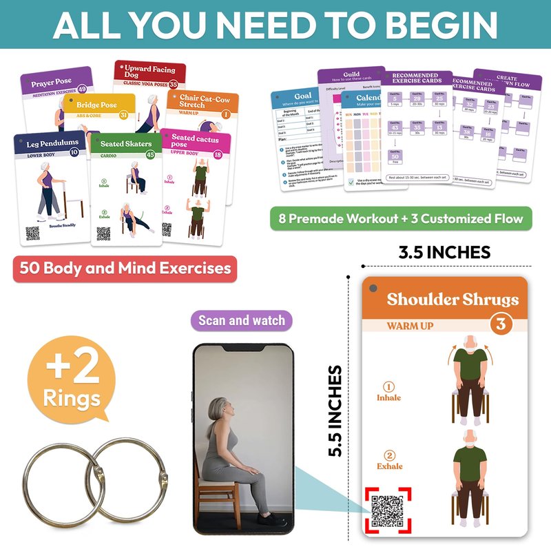 Chair Yoga for Seniors Over 60, Thoughtful Valentine Gifts for Mom, Dad, Grandparent, Safe & Easy Chair Yoga Exercise Cards for Strength, Relaxation & Recovery,