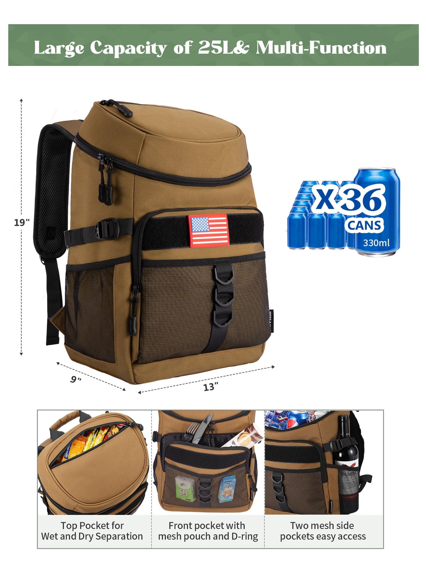 JOYHILL Backpack Cooler, Cooler Backpack Tactical Insulated 36 Cans, 2 Insulated Compartments Thermal Bag for Men Women, Lunch Bag for Camping Hiking Picnic Beach, Black