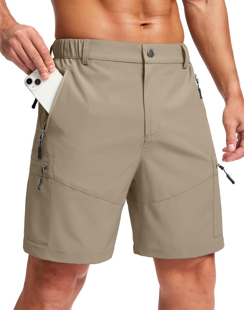 Pudolla Men's Hiking Cargo Shorts Lightweight 7" Travel Casual Shorts for Men Golf Work Outdoor with 5 Zipper Pockets(Dusty Khaki Small)