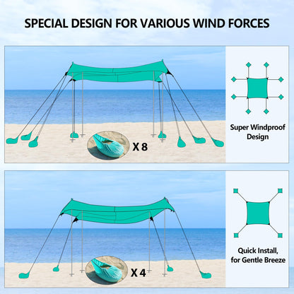 Beach Tent, Camping Tent UPF50+ with 8 Sandbags, Beach Essentials for 6-12 Persons, Beach Shade Canopy with Stability Poles and Big Ground Pegs, Pop Up Canopy for Camping, Picnics, 10X10FT Turquoise