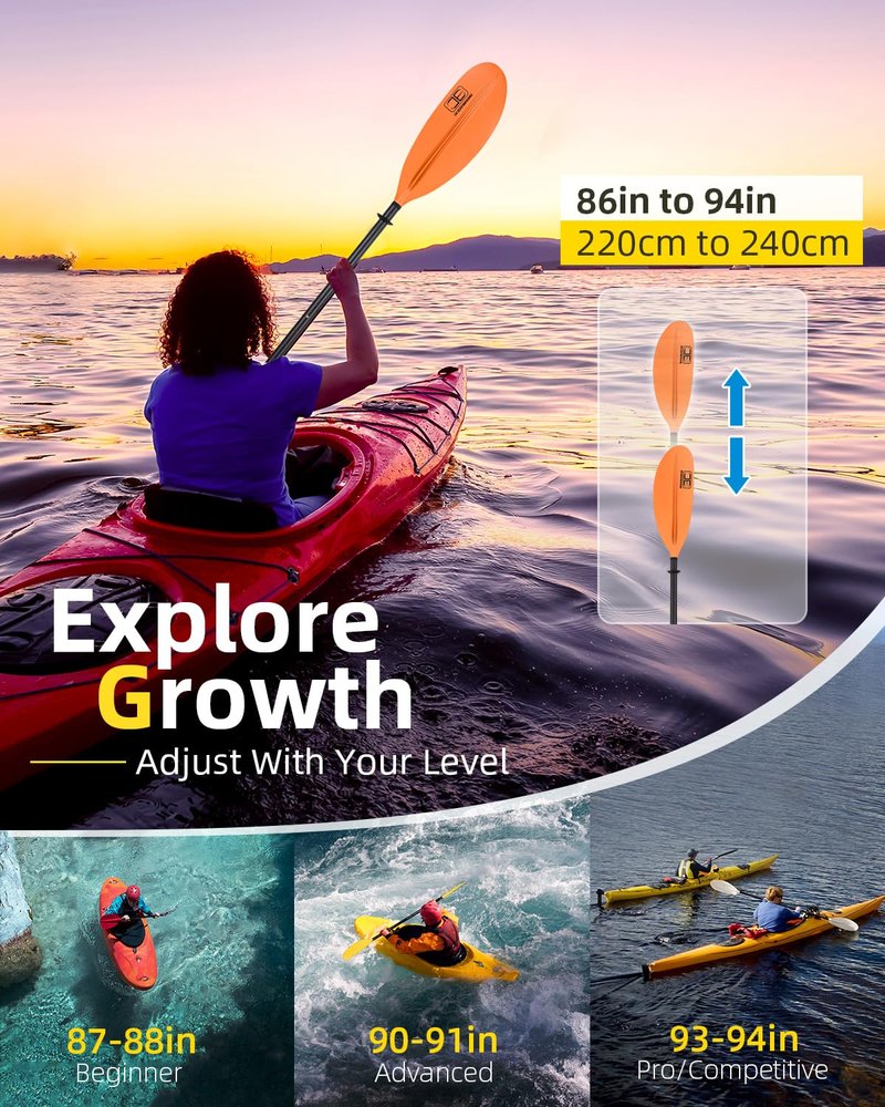 OCEANBROAD Adjustable Carbon Fiber Kayak Paddle 86in/220cm to 94in/240cm Kayaking Oar with Paddle Leash 1 Paddle, Orange