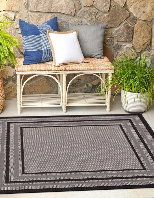 Unique Loom Outdoor Border Collection Area Rug - Multi Border (5' 3" Square Gray/Black)