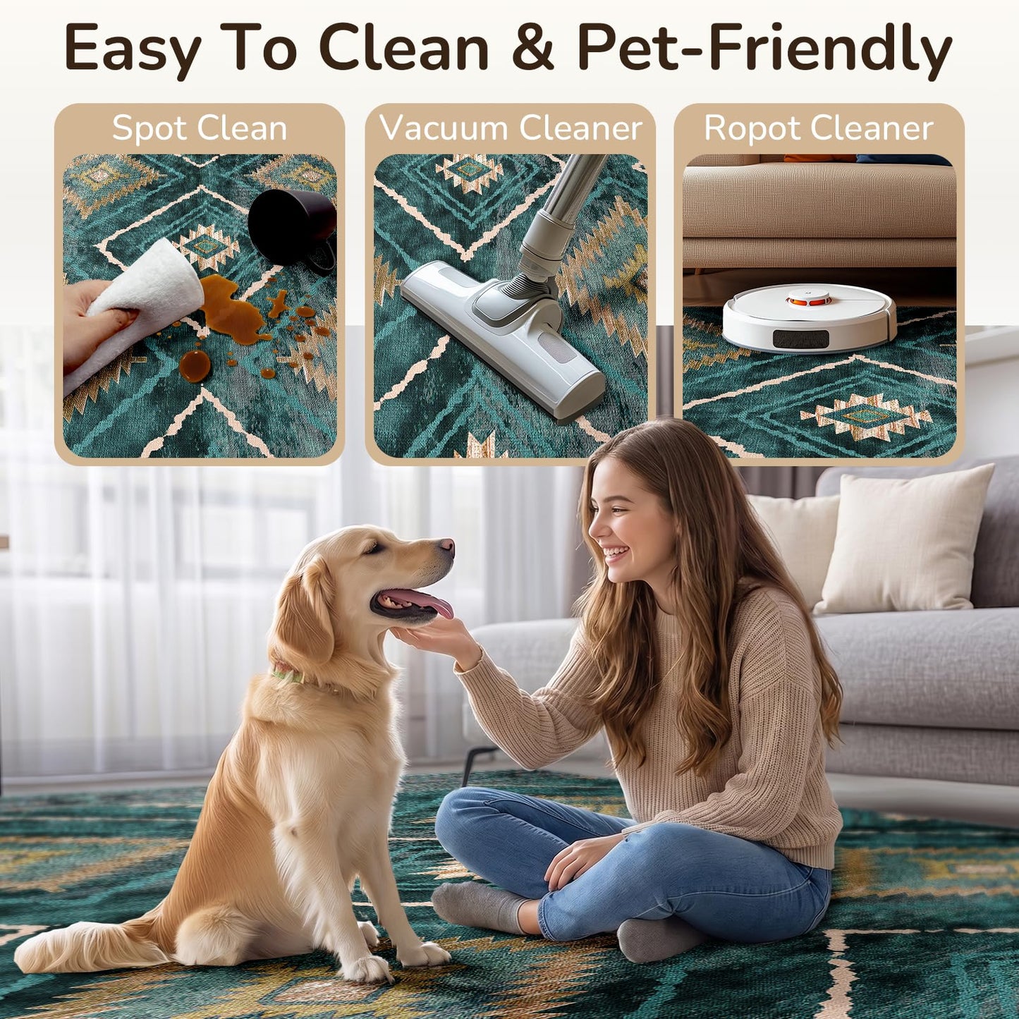 BESTSWEETIE Area Rug 5x7 Rug Machine Washable Non-Slip Low Pile Print Pattern Western Rug for Living Room Bedroom Entryway Tribal Series -Teal/Green