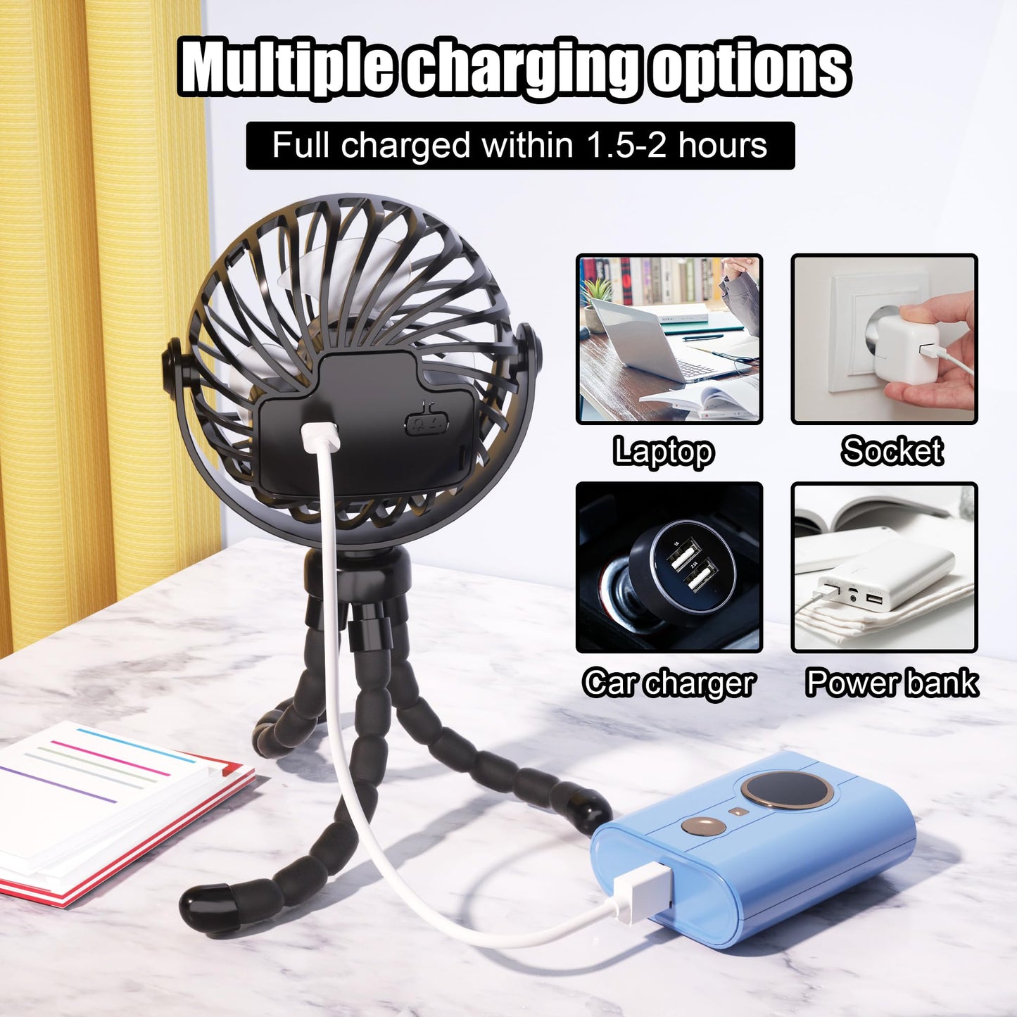 JYJZPB Mini Portable Stroller Fan Clip On for Baby with Flexible Tripod,3 Speed 360° Rotate Rechargeable Handheld Baby Stroller Fan,Cooling Baby Fan for Stroller & Car Seat,Crib,Bike,Treadmill,Travel