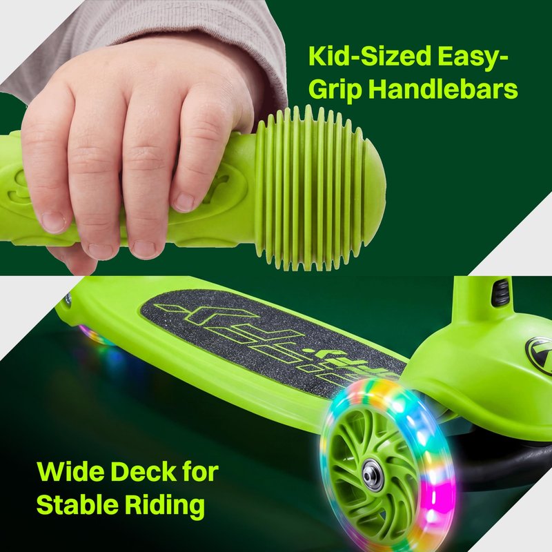 JOVA ZIFFY 3 Wheel Scooter for Kids 3-5, Toddler Kick Scooters with LED Light-Up Wheels for Boys and Girls, 5 Adjustable Height and Lean-to-Steer Design, Support up to 110 lbs, Green