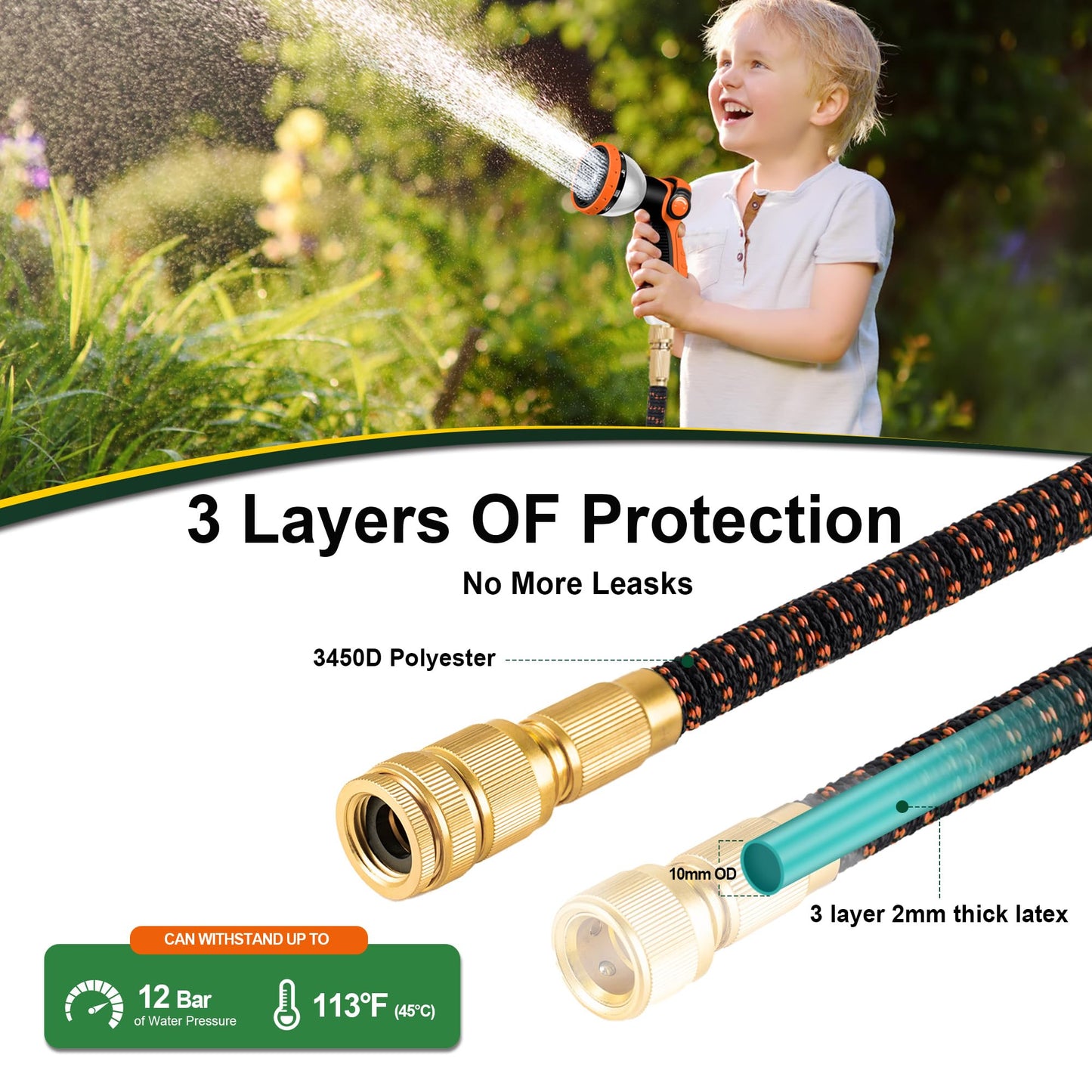 Expandable Hose Pipe 100FT, Upgraded 3-Layer Latex No-Kink Flexible Garden Hose, 3/4"&1/2" Metal Connectors, 10 Function Spray Nozzle, Water Hose for Gardening, Washing & Cleaning (100ft/30m)