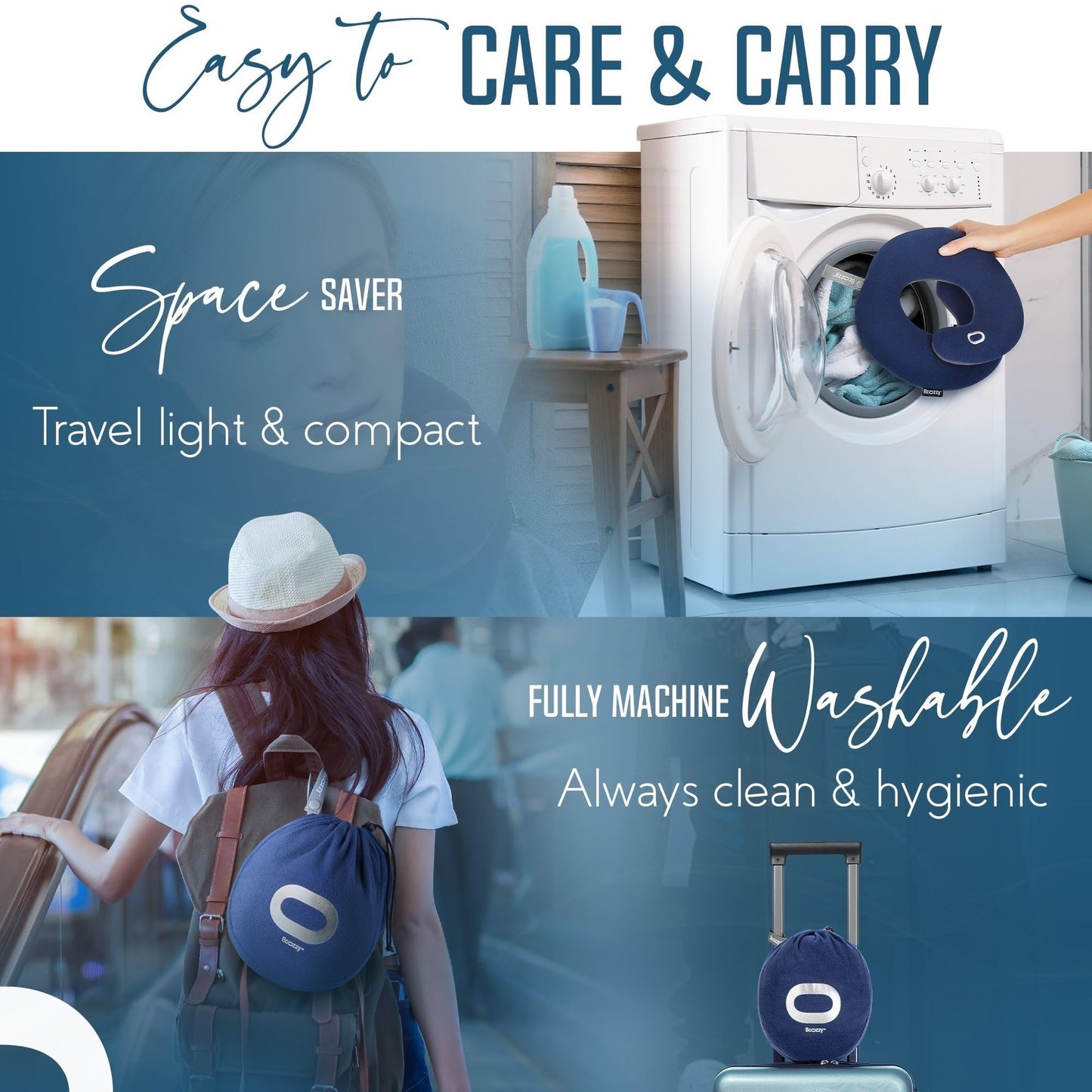 BCOZZY Travel Neck Pillow for Airplane – Patented Double Support for Head, Neck, and Chin. Best for Long Flights, Plane Sleeping, and Car Rides. Adjustable Size. Fully Washable. Carry Bag. Large, Navy