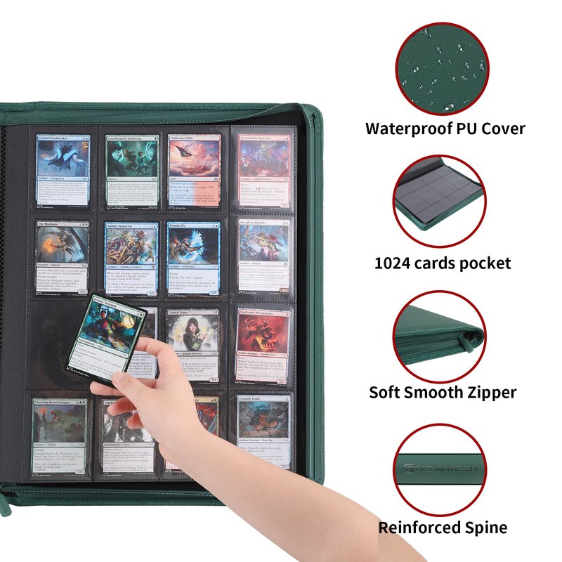 Snekdy premium 1024-pocket trading card binder, 16-pocket cards album, waterproof PU-leather Cover album with side loading, holds gaming, baseball, basketball & sports cards Green